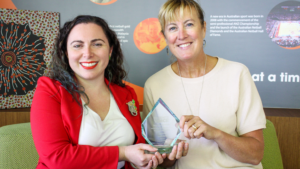 Handing Fame Award to Netball Australia's CEO
