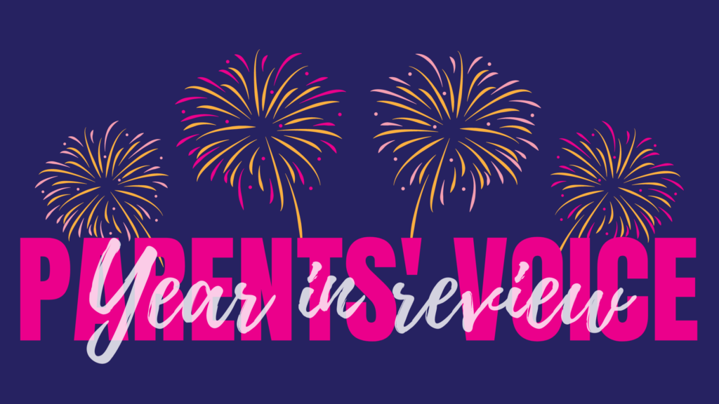 Parents' Voice end of year review graphic - text with fireworks